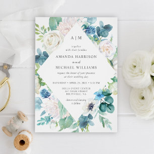 Invitation Sage Vert Bleu Blanc Pastel Floral Mariage
