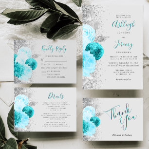 Invitation Chic Turquoise Floral Parties scintillant gris Mar