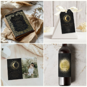 Invitation Mariage des étoiles d'or noir de minuit céleste