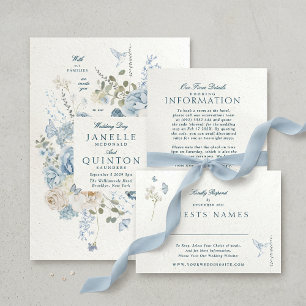 Invitation Élégant bleu floral Faux Mariage papier artisanal