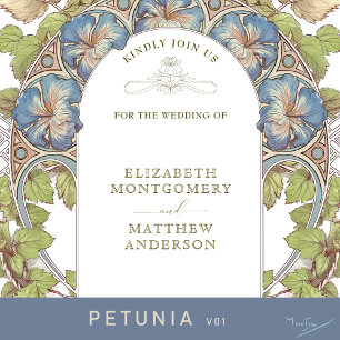 Invitation Blue Petunia Vintage Wedding Art Nouveau Mucha