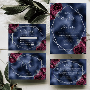Navy Blue Foil Burgundy Silver Floral Wedding Einladung
