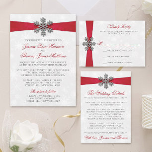 Diamante Snowflake & Red Ribbon Winter Wedding Einladung