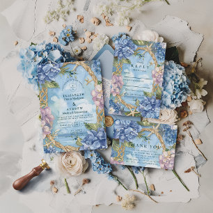 Blaue Hortensien-Küsten-Seil-Hochzeit Save The Date