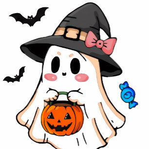 Süßer Kawaii-Halloween-Geist in Hexenhut mit Kürbi Kissen