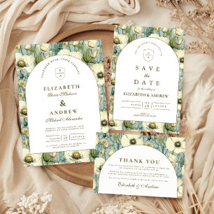 Invitation Mariage de jardin avec arche florale bleu poussiér