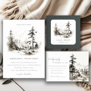 Sticker Carré Pine Woods Mountain Paysage Mariage de croquis