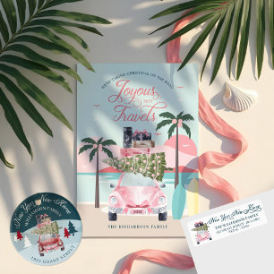 Warme Wünsche tropische Palmen und rosa Retro Auto Feiertagskarte