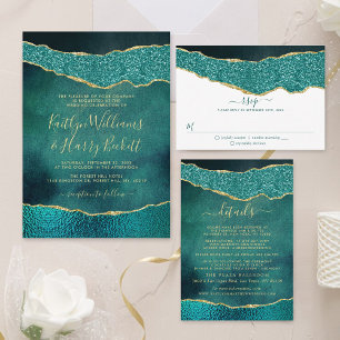 Invitation En Aluminium Elégant Turquoise & Or Agate Mariage Real