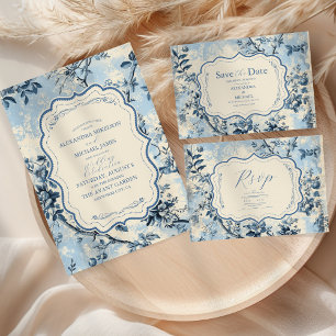 Elegant Blue Toile De Jouy Wedding Save The Date