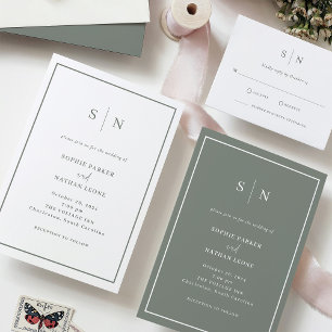 Minimal Chic   White and Sage Green Border Wedding Einladung