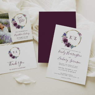 Monogram Watercolor Lila Blumenzeremonie Einladung