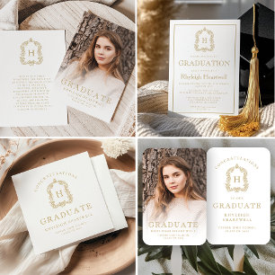 White Graduation Party für das Gold Monogram Wappe Einladung