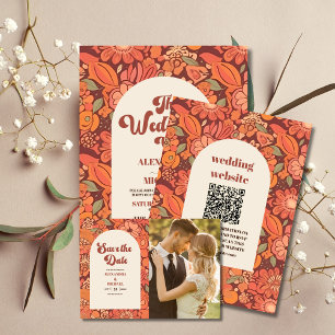Invitation Tout En Un Arc de code QR Super rétro les années 70 Mariage F