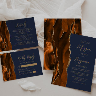 Cartons Réponse Brûlé Orange Agate Gold Script Mariage bleu marine
