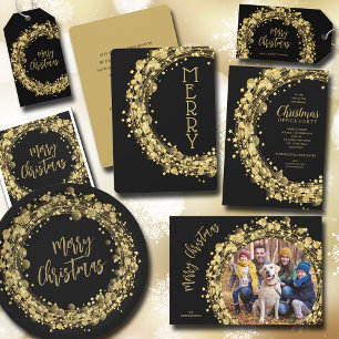 Gold Wreath on Black Merry Christmas Photo Feiertagskarte