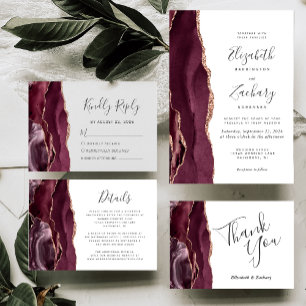 Carte RSVP Rose Gold Agate Moderne Bourgogne