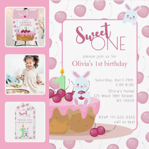 Sweet One Cherry Cake Bunny Einladung