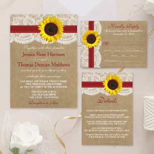 Invitation Collection Kraft, dentelle et tournesol - Rouge