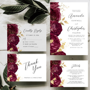 Burgundy Gold Floral Moderne Skripthochzeit RSVP Karte