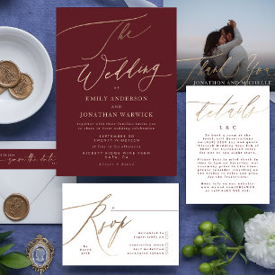 Burgundy & Gold Fall Calligrafy Wedding RSVP Karte