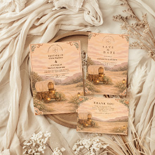 Save The Date Mariage Champêtre de Prairie avec Chariot Couvert 
