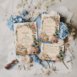 Vintage Küsten-Muschel-Romantik-Hochzeit Dankeskarte