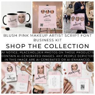 Carte De Visite Carré Rose Pâle Blanc Photo MUA Code QR Réseaux Sociaux 