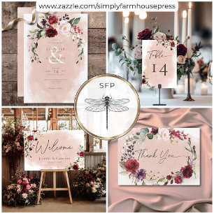 Cartons Réponse Russe Bourgogne et rose pâle Mariage Roses