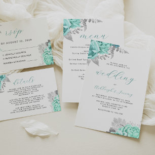Invitation Élégant Mariage de script Silver Aqua Floral