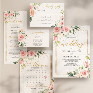 Boho blush rosa Blütengold geometrische Chic Hochz Einladung