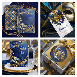 16 . Geburtstag Masquerade Blue Gold ID1032 Einladung