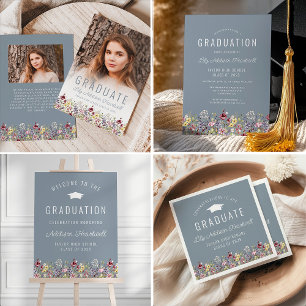 Boho Watercolor Wildblumen Blue Graduation Party Serviette