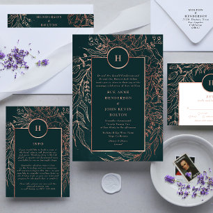 Invitation Emerald Dusty Rose Gold Monogram Mariage Wreath