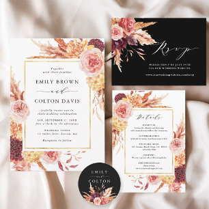 Invitation Boho Burgundy Terracotta Floral Gold Frame Mariage