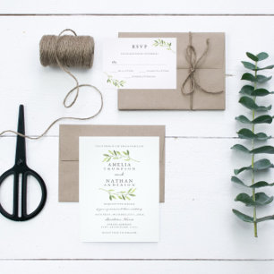 Watercolor Green Leaf Wreath Wedding Einladung
