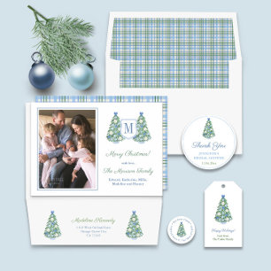 Wasserfarbe Ornately dekorierte Bäume Frohe Weihna Feiertagskarte