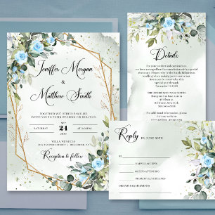 Boho hellblaue Blumen Eukalyptus und Goldrahmen Save The Date