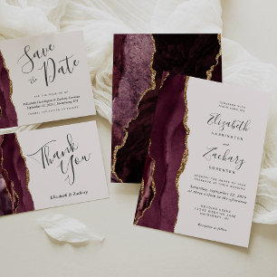 Carte Burgundy Gold Agate Blush Mariage plat Merci