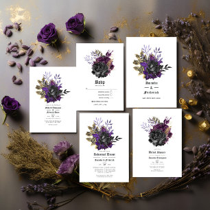Invitation Noir violet or Floral Mariage gothique Code QR