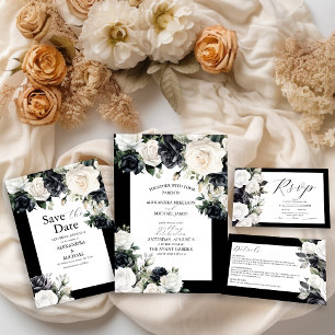 Menu Mariage floral noir et blanc moderne