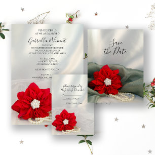 Cartons Réponse Red Poinsettia perles blanches Mariage d'hiver RSV