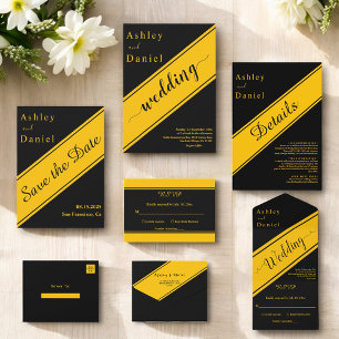 Elegante, moderne Schwarz-Gold-Extravagante Hochze All In One Einladung