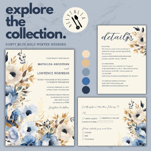 Invitation Elégant Dusty Blue Gold Mariage Floral d'hiver