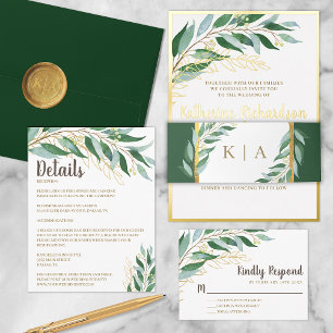 Elegant Foliage Botanical Gold Leaf Green Wedding  Folieneinladung
