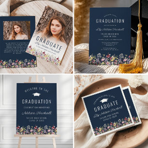 Invitation Boho Fleur sauvage Navy Blue Graduation Party