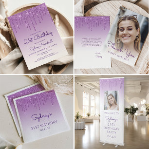 Serviette En Papier Fête d'anniversaire 21 ans chic paillettes violett