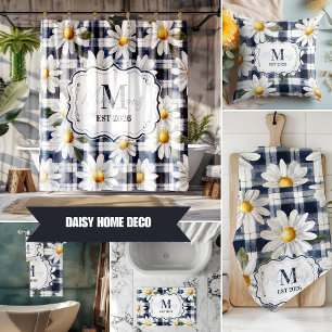 Benutzerdefiniertes Navy-Gingham-Daisy-Monogramm Kissen
