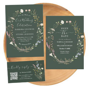 Chic Rustic Boho Wildblume Forest Green Wedding Einladung