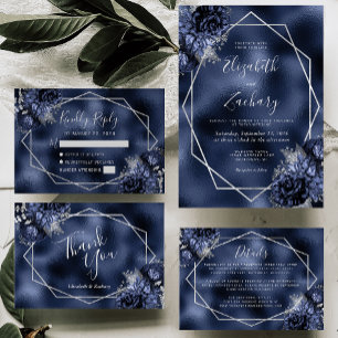 Navy Blue Floral Silver Frame Imitate Hochzeit Einladung